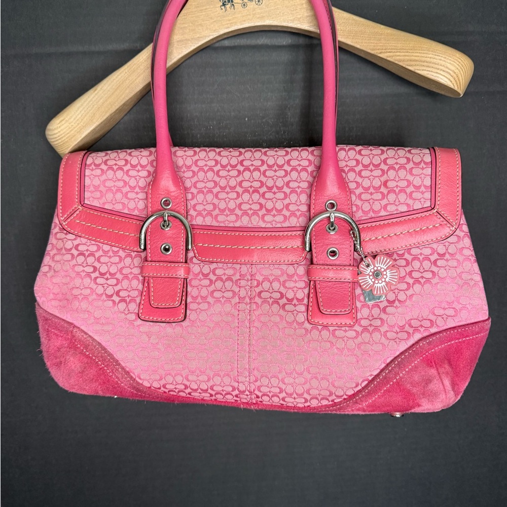 Vintage Coach 7080 pink soho signature canvas jacquard satchel purse suede trim